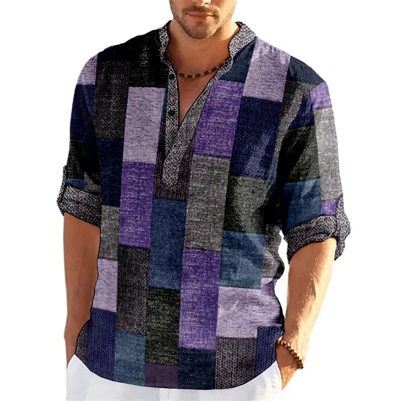 Blouse Col Mao Manches 3/4 à Motif Patchwork - Homme