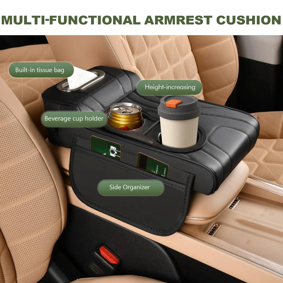 Coussin d’Accoudoir Central Voiture Multifonction – Rembourré avec Porte-Gobelet, Porte-Mouchoirs & Poches de Rangement