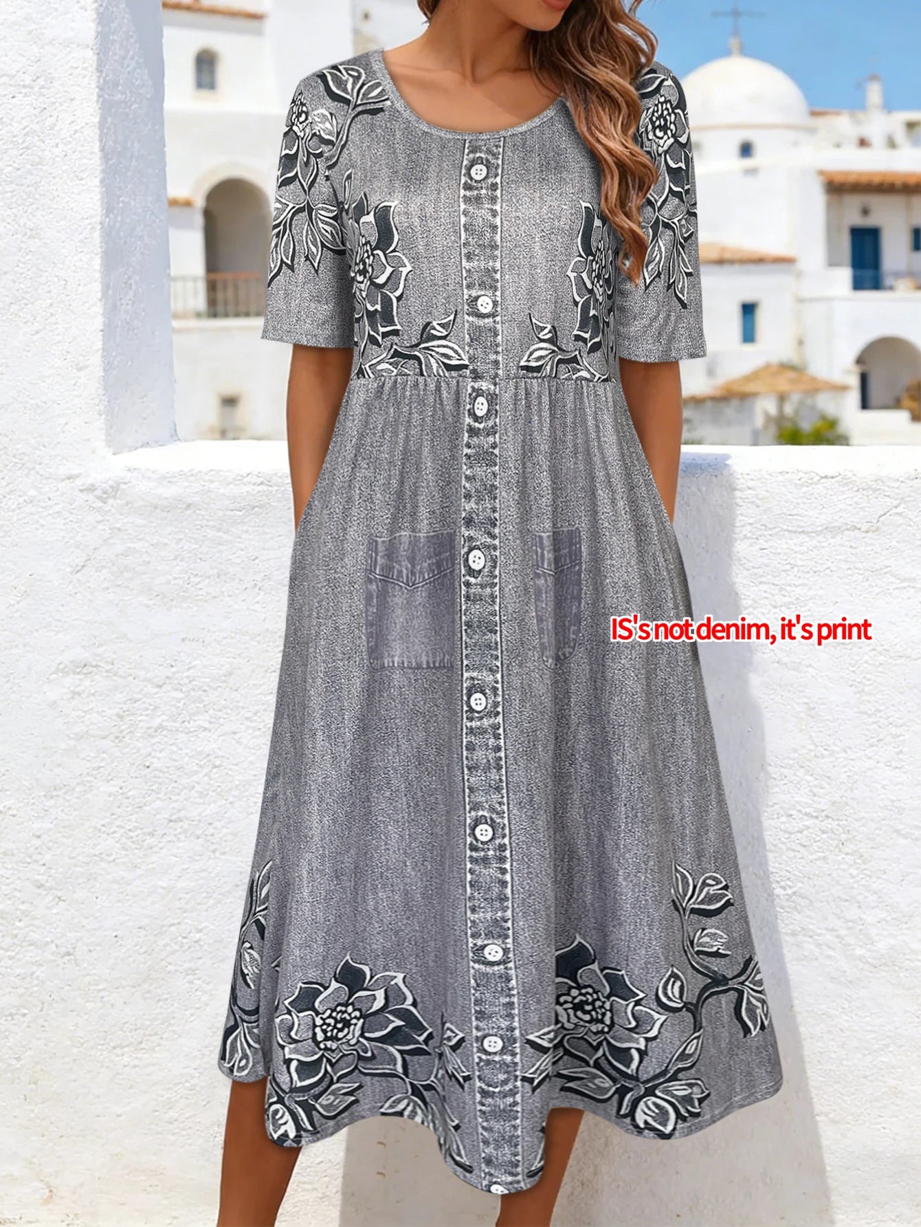 Robe Midi Femme Effet Denim Fleuri – Boutonnée avec Poches et Style Bohème