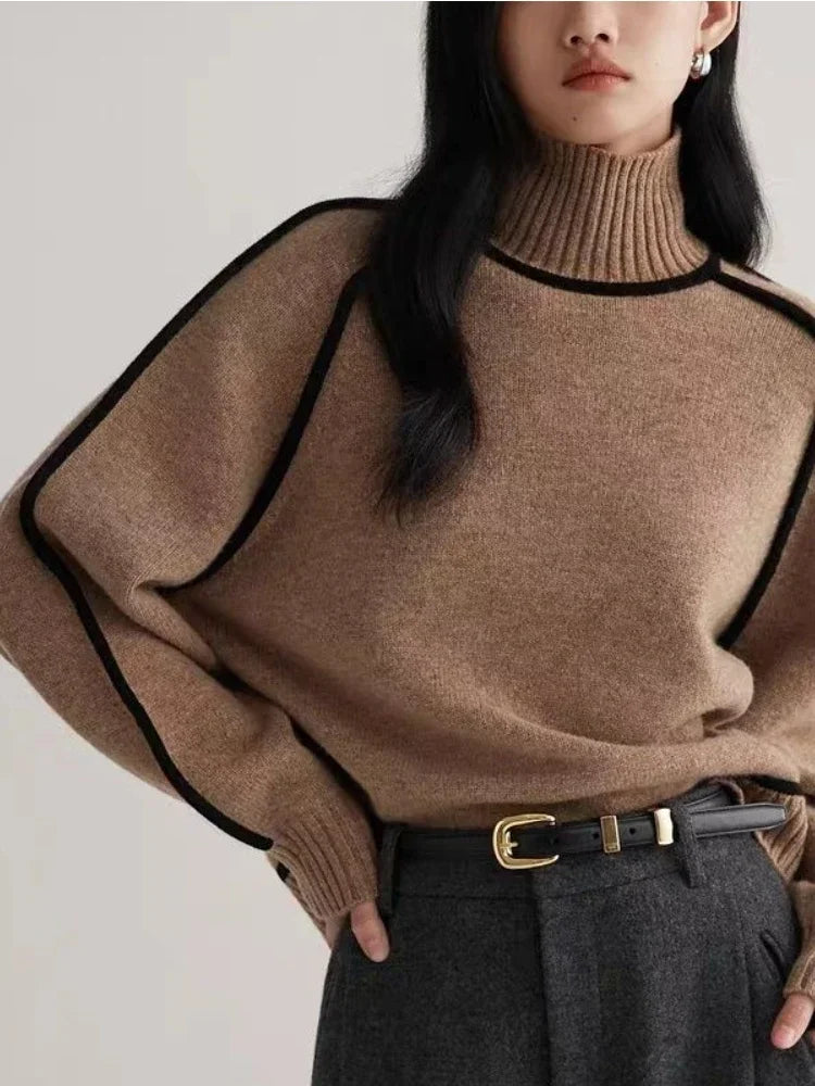 Pulls à col roulé surpiqué noir pour femme