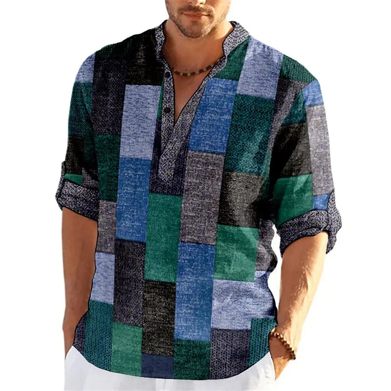 Blouse Col Mao Manches 3/4 à Motif Patchwork - Homme
