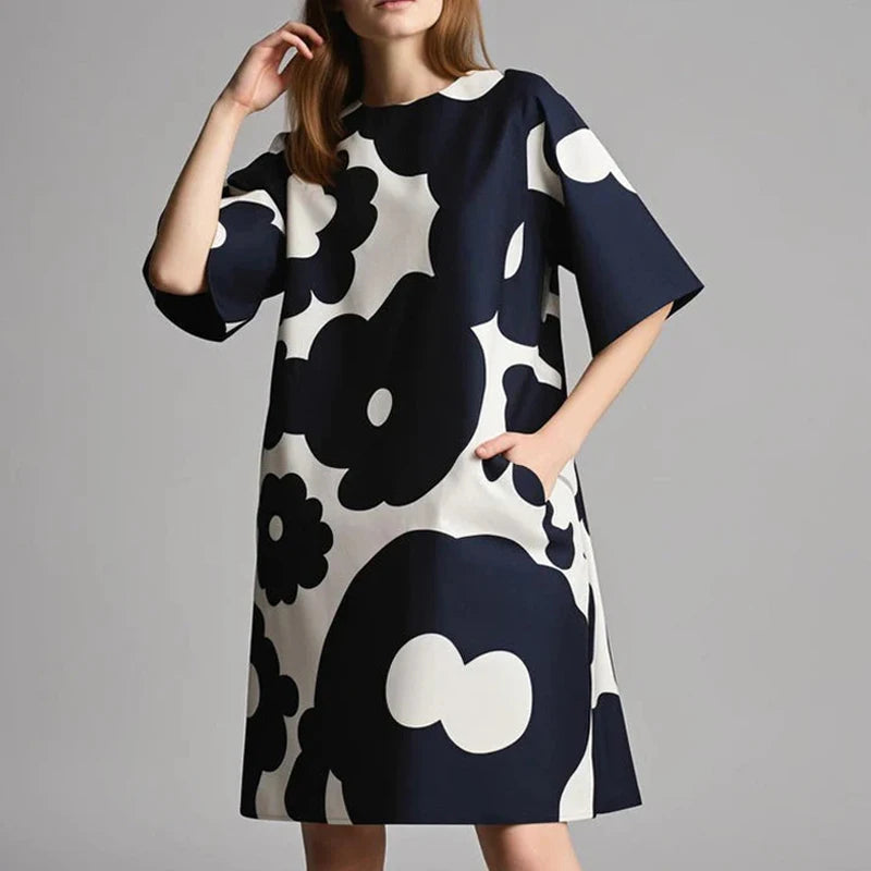 Robe 70's à imprimé Noir/ Blanc et évasée