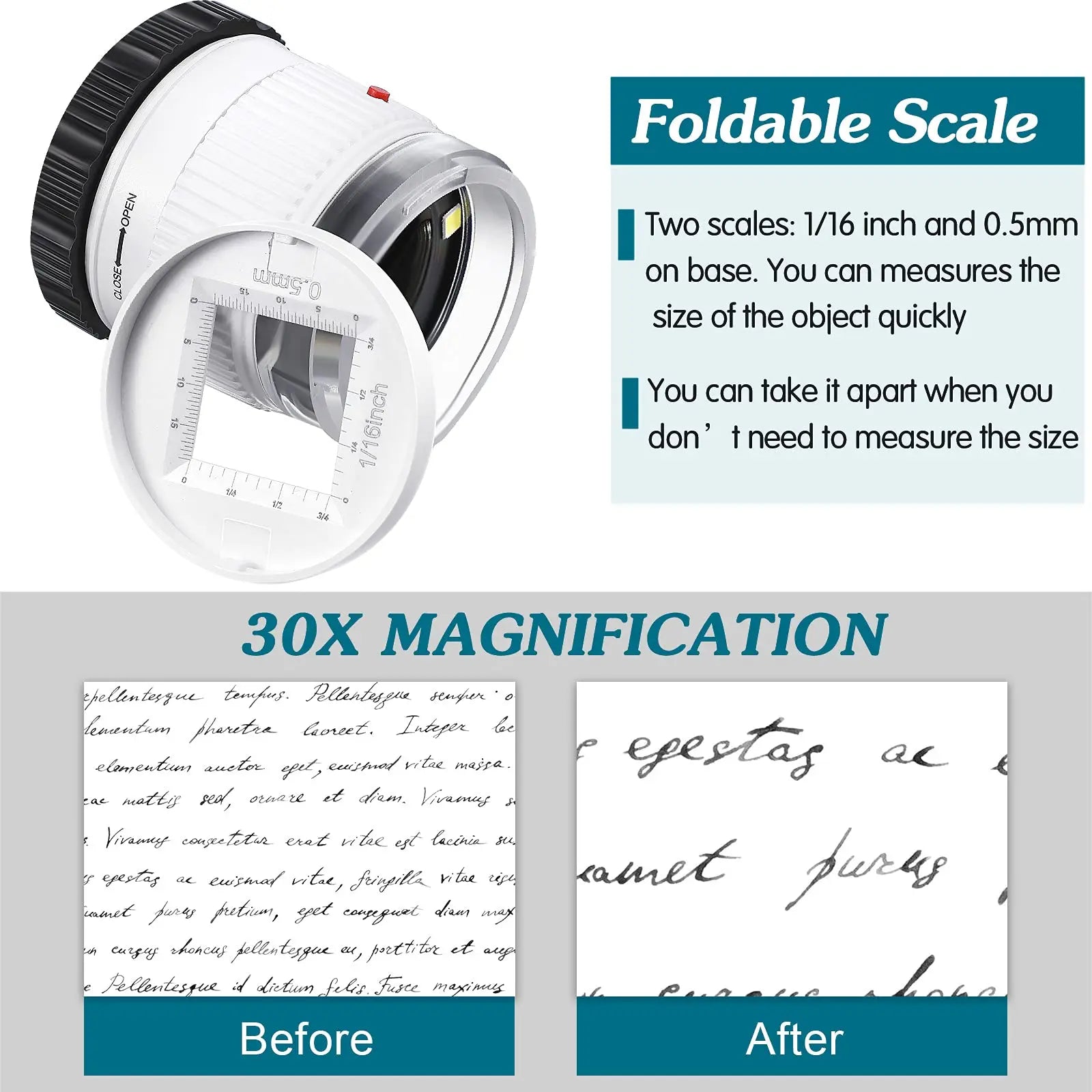 Loupe Cylindrique Portative 30X avec Échelle, Lumière LED & UV
