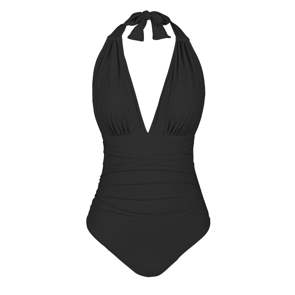 Maillot de bain 1PC col en V et devant froncé - Effet ventre plat