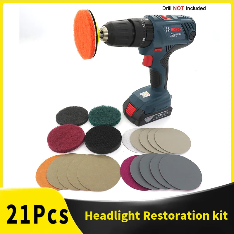 Kit de Restauration Polissage de Phares pour Perceuse Électrique - KIT 21PCS