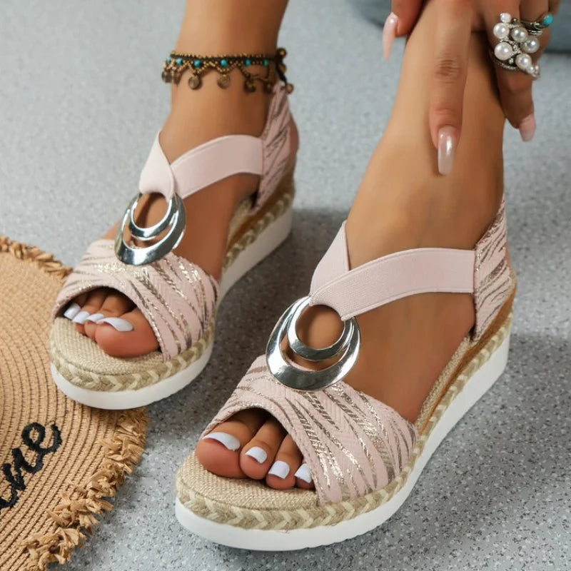 Sandales Compensées à Brides Élastiques - Bijoux Cercle Argenté