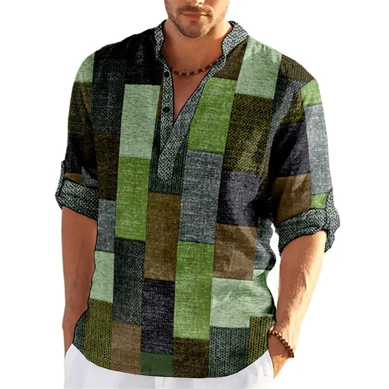 Blouse Col Mao Manches 3/4 à Motif Patchwork - Homme