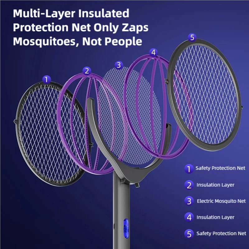 Raquette Anti-Moustiques 2800V 2 en 1 Télescopique à Tête Rotative