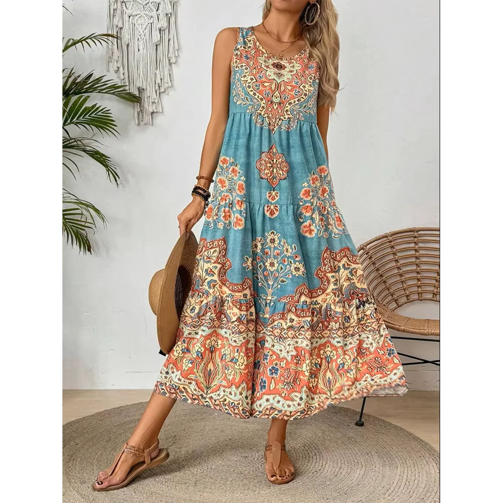 Robe Longue à Motif Ethnique Fluide & Légère