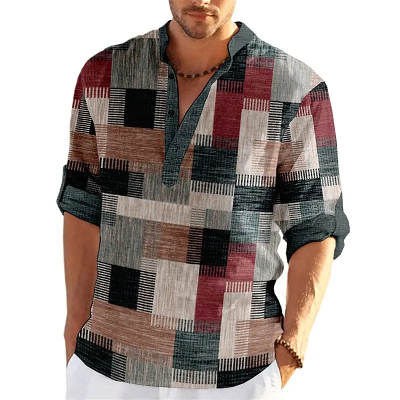 Blouse Col Mao Manches 3/4 à Motif Patchwork - Homme