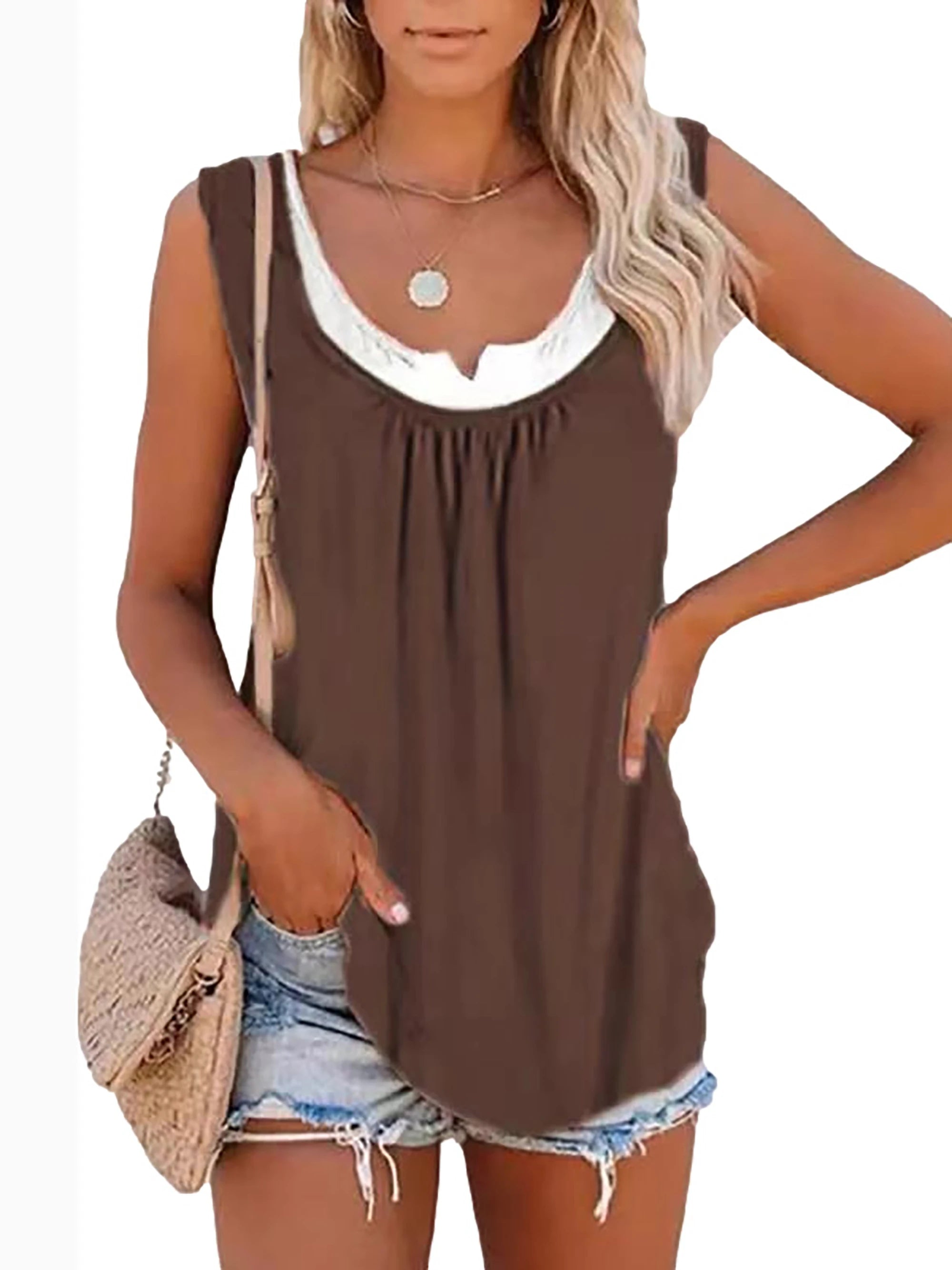 Top Sans Manches Plissé Femme – Élégant avec Détails Bicolore, Style Décontracté Été
