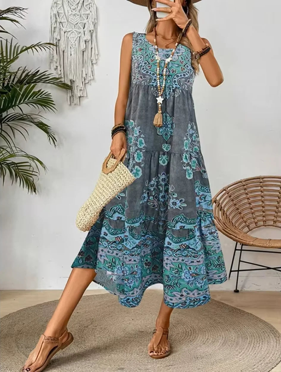 Vestido Largo con Estampado Étnico Fluido y Ligero