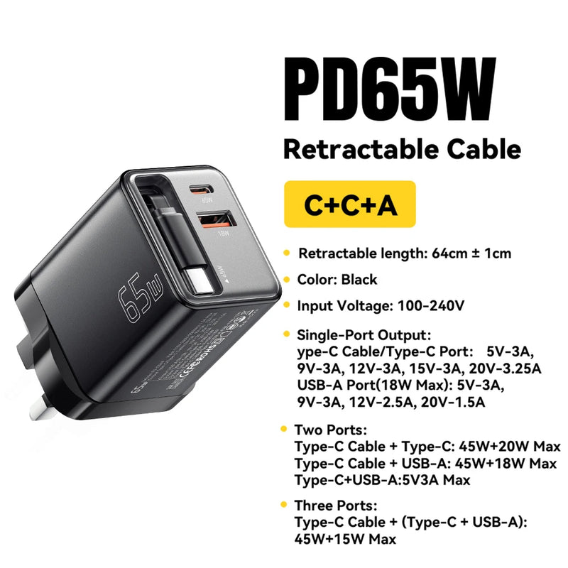 Chargeur 3 en 1 à Charge rapide avec Câble Type-C rétractable
