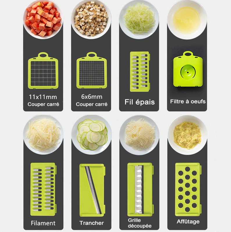 Coupe légume multifonctionnel avec bac