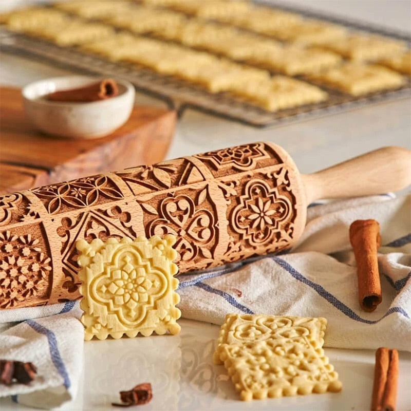 Rouleau à pâtisserie bois gravé 3D - Motifs Noël