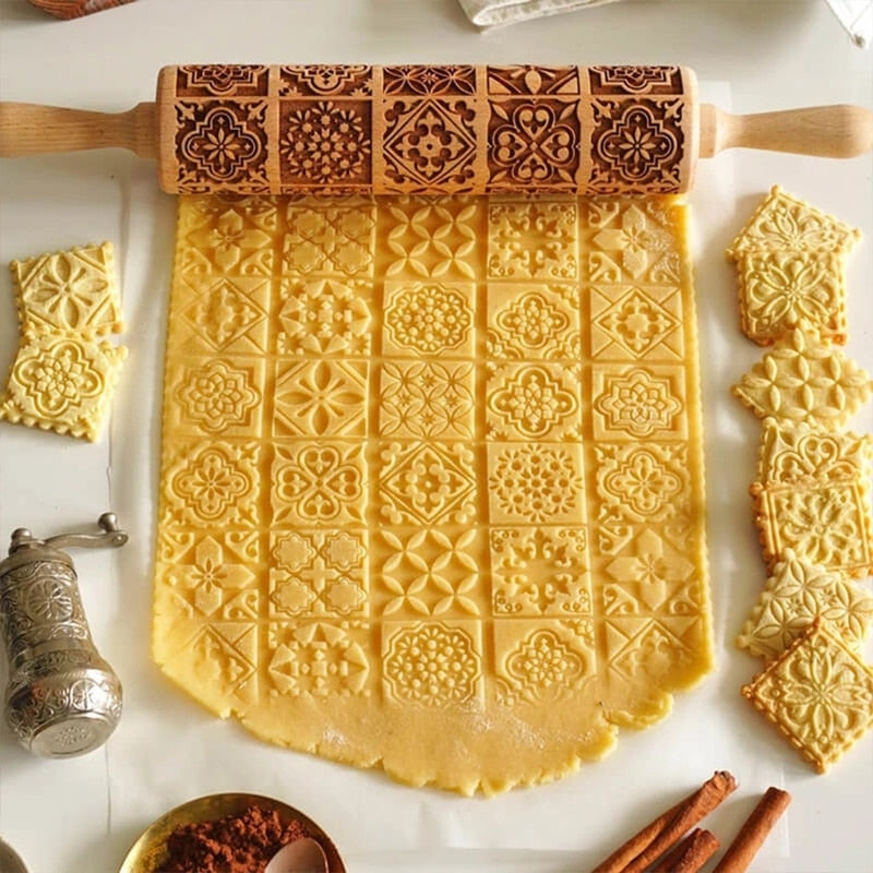 Rouleau à pâtisserie bois gravé 3D - Motifs Noël