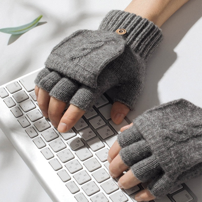 Gants mitaine à rabats en laine tricotée