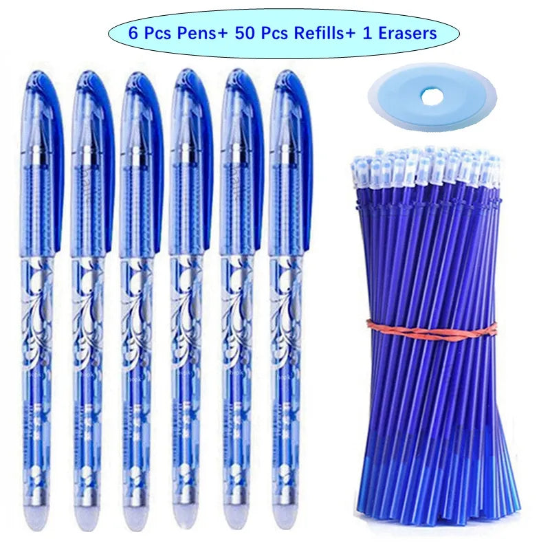 Lot de 6 Stylos Gel effaçables + 50 recharges - Gomme OFFERTE