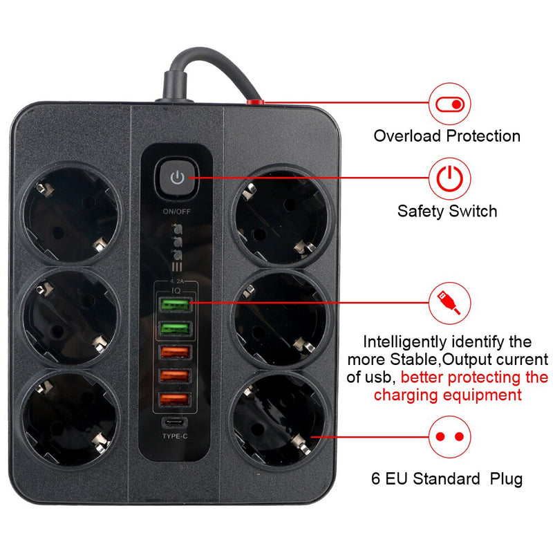 Multiprise 12 en 1 avec bouton On/Off - 6 Prises et 6 Ports USB