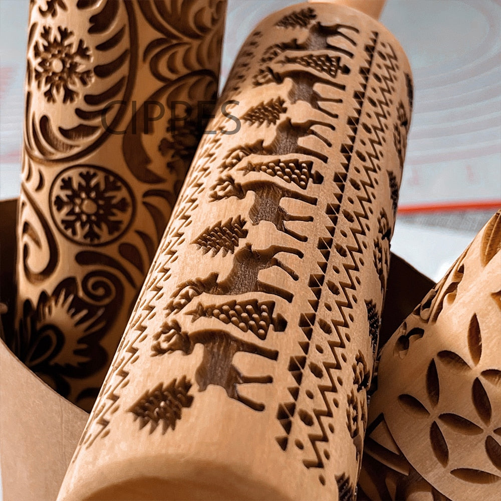 Rouleau à pâtisserie bois gravé 3D - Motifs Noël